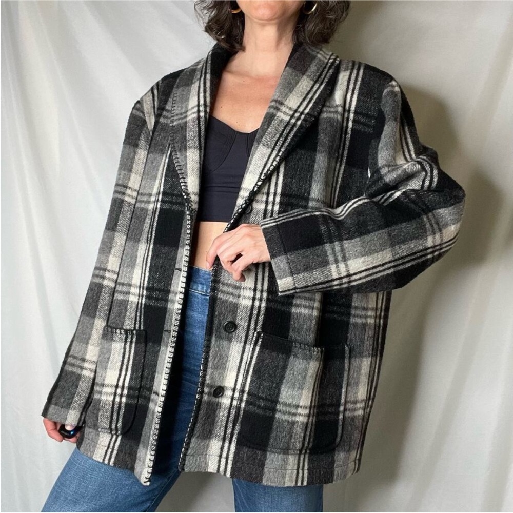 Vintage wool plaid top coat jacket shacket shawl collar western southwestern M